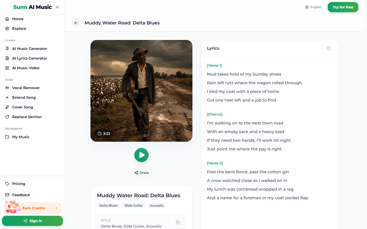 The song page for Muddy Water Road: Delta Blues, with a cover of an old man carrying an acoustic guitar down a muddy road beside a cotton field, marked 3:22, a green play button, Share, the tags Delta Blues, Slide Guitar and Acoustic, and the lyrics panel showing Verse 1, Chorus and Verse 2