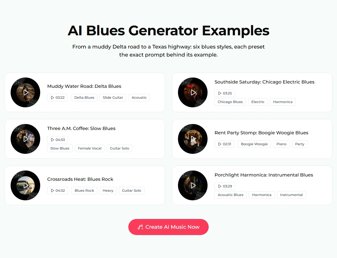The AI Blues Generator Examples section: six cards with turntable discs, titles, lengths and tags, from Muddy Water Road: Delta Blues at 03:22 to Porchlight Harmonica: Instrumental Blues at 03:29