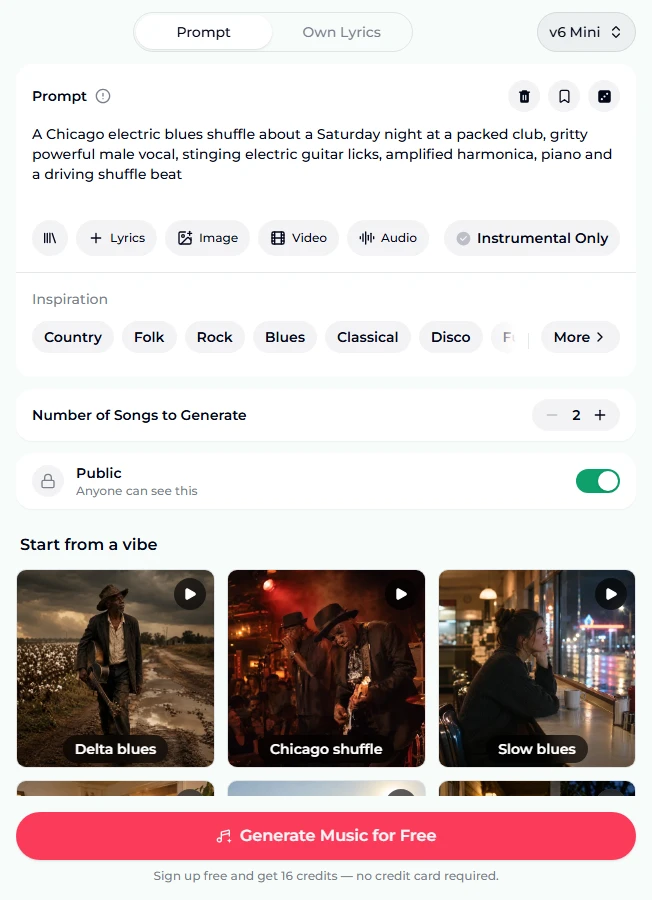 The AI blues generator form as it opens: Prompt tab, v6 Mini selected, the Chicago electric blues shuffle preset in the prompt box, Instrumental Only switched off, Inspiration genre chips, Number of Songs to Generate at 2, the Public switch on, the Delta blues, Chicago shuffle and Slow blues vibe tiles and the Generate Music for Free button