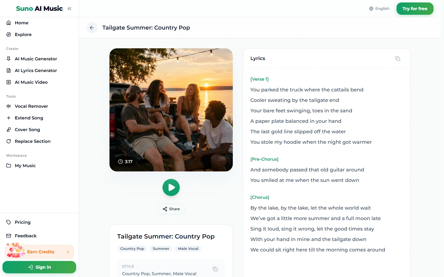 The song page for Tailgate Summer: Country Pop, with a sunset photo of friends on a pickup tailgate by a lake marked 3:17, a play button, a Share button, the tags Country Pop, Summer and Male Vocal, and the lyrics with Verse 1, Pre-Chorus and Chorus