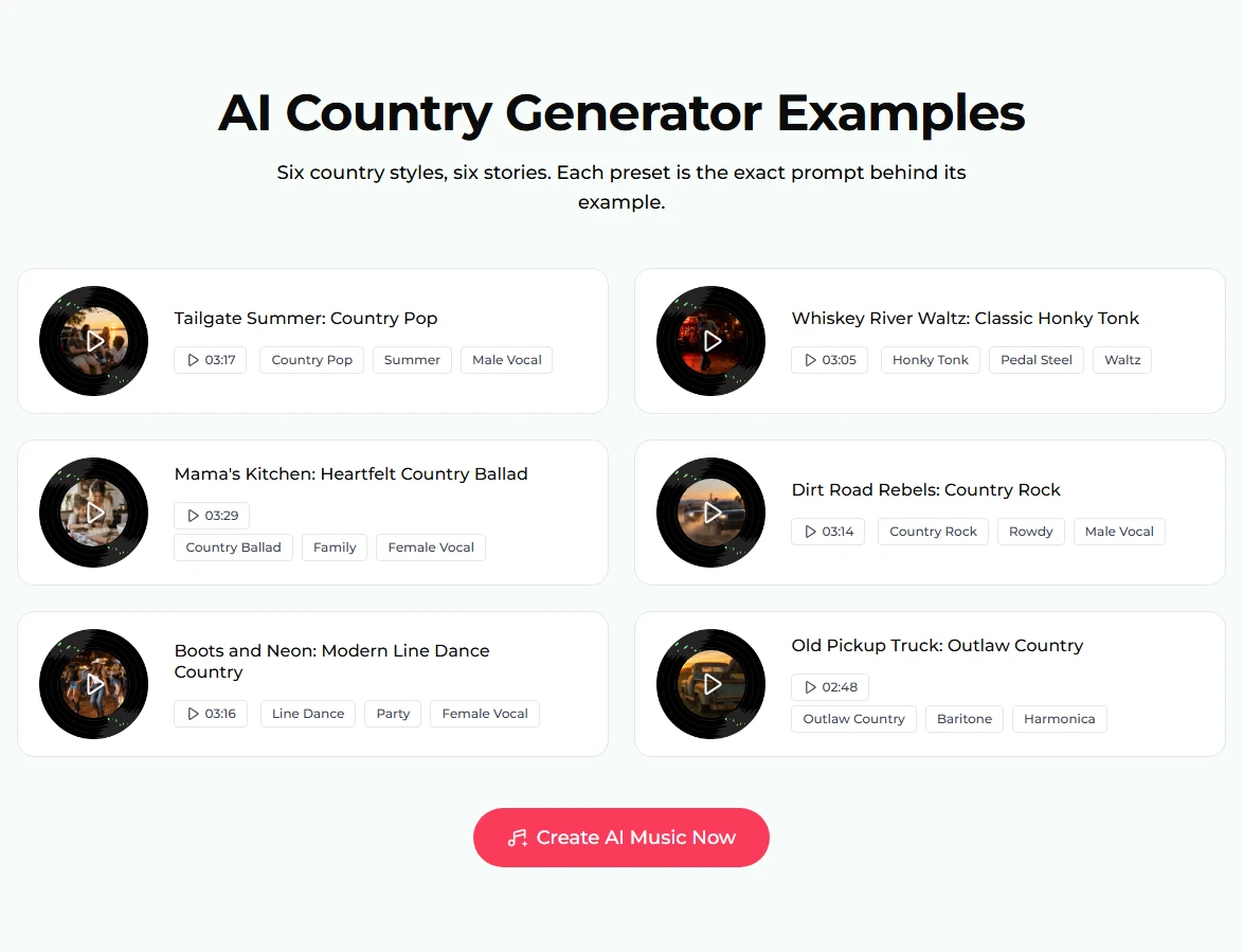 The AI Country Generator Examples list: six turntable discs with titles and durations, Tailgate Summer 03:17, Whiskey River Waltz 03:05, Mama's Kitchen 03:29, Dirt Road Rebels 03:14, Boots and Neon 03:16 and Old Pickup Truck 02:48, each with tags such as Country Pop, Honky Tonk, Country Ballad, Line Dance and Outlaw Country