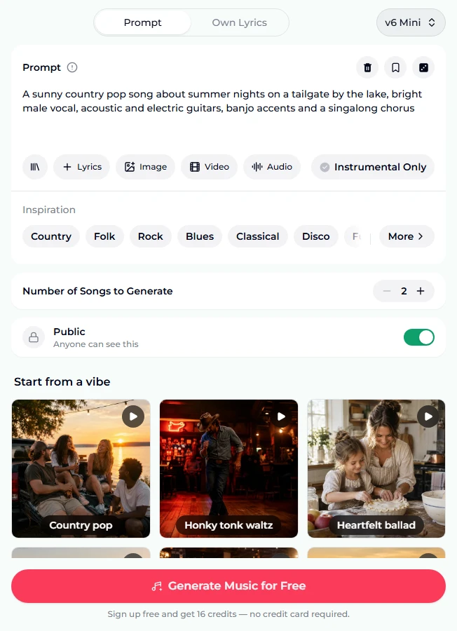 The AI country generator form on the Prompt tab, with the preset prompt about a sunny country pop song about summer nights on a tailgate by the lake, bright male vocal, acoustic and electric guitars, banjo accents and a singalong chorus; Number of Songs to Generate set to 2, the Public switch on, the Country pop, Honky tonk waltz and Heartfelt ballad vibe tiles and a Generate Music for Free button