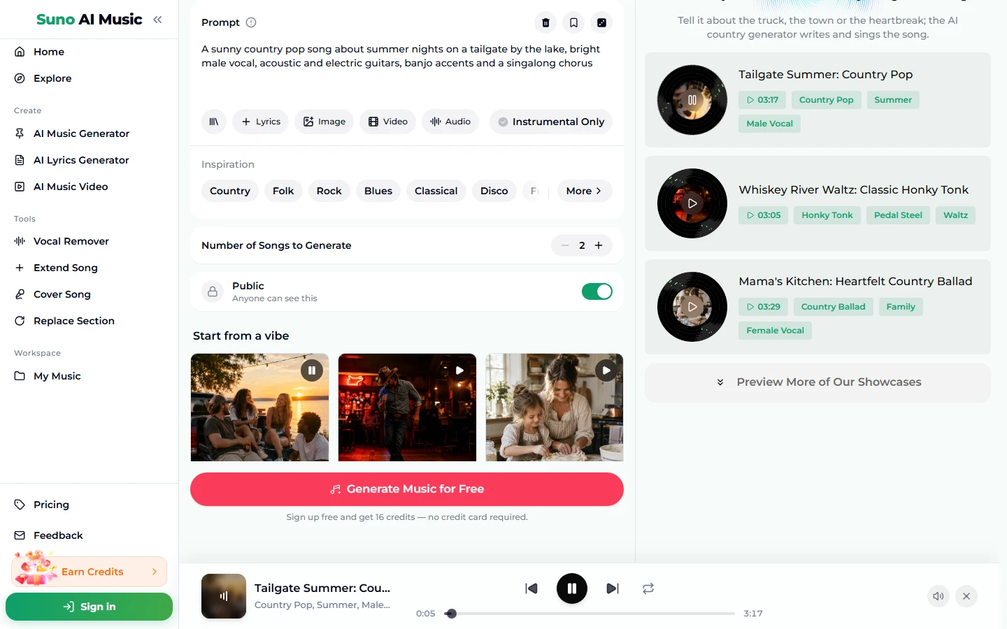 After tapping the Country pop tile: the tile shows a pause icon, the Prompt box holds the country pop prompt, the example list on the right shows Tailgate Summer, Whiskey River Waltz and Mama's Kitchen, and the player bar plays Tailgate Summer: Country Pop