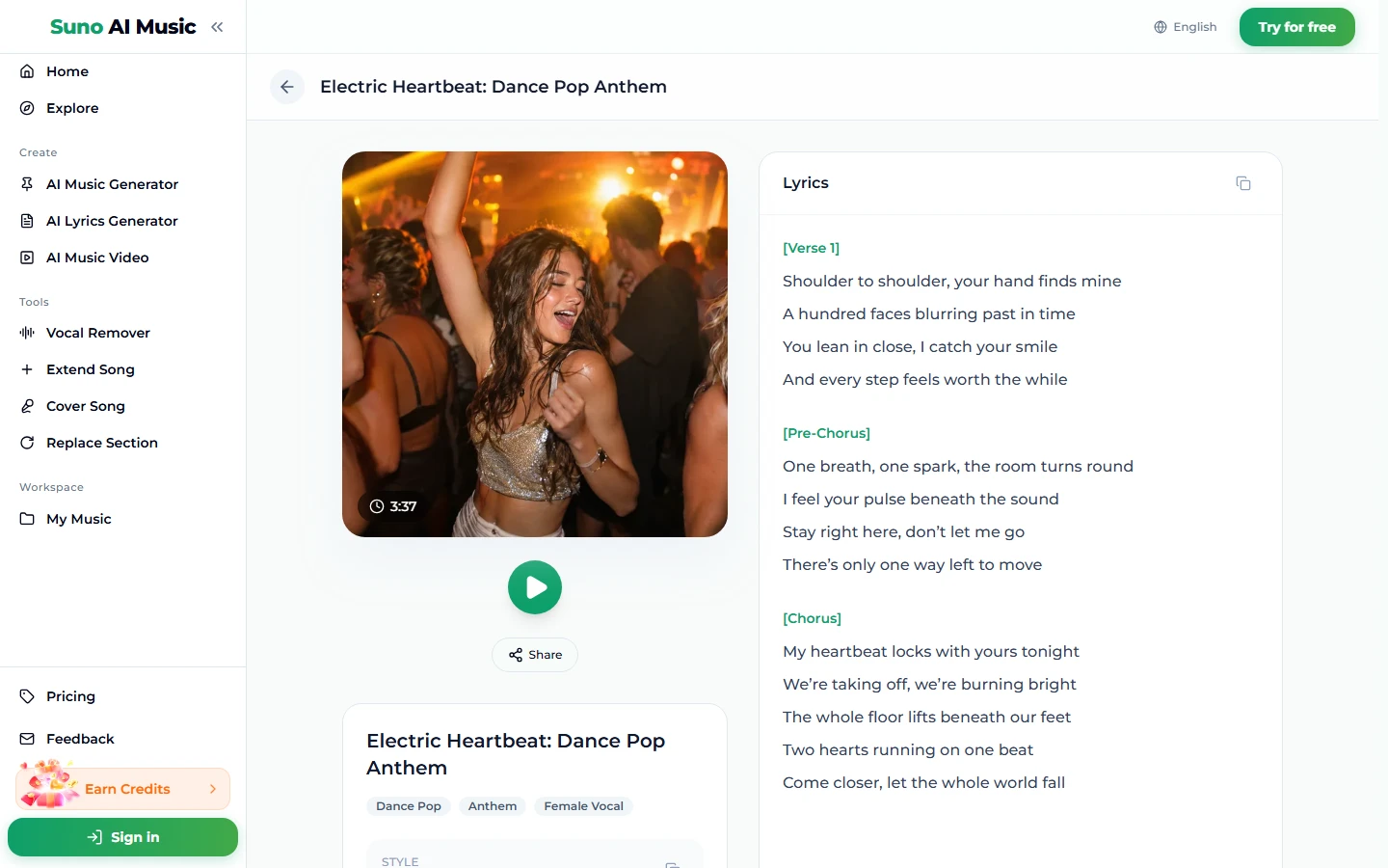 The song page for Electric Heartbeat: Dance Pop Anthem, with a photo of a woman dancing in a crowded club marked 3:37, a play button, a Share button, the tags Dance Pop, Anthem and Female Vocal, and the lyrics with Verse 1, Pre-Chorus and Chorus