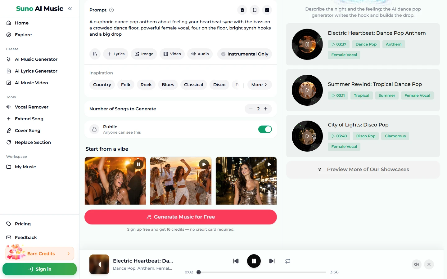 After tapping the Dance pop anthem tile: the tile shows a pause icon, the Prompt box holds the dance pop anthem prompt, the example list on the right shows Electric Heartbeat, Summer Rewind and City of Lights, and the player bar plays Electric Heartbeat: Dance Pop Anthem