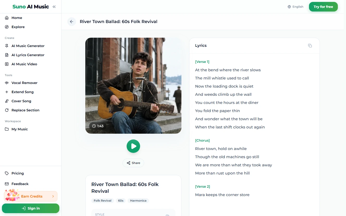 The song page for River Town Ballad: 60s Folk Revival, with a cover of a young man with a harmonica holder playing an acoustic guitar on steps by a brick building, marked 1:43, a green play button, Share, the tags Folk Revival, 60s and Harmonica, and the lyrics panel showing Verse 1, Chorus and the start of Verse 2