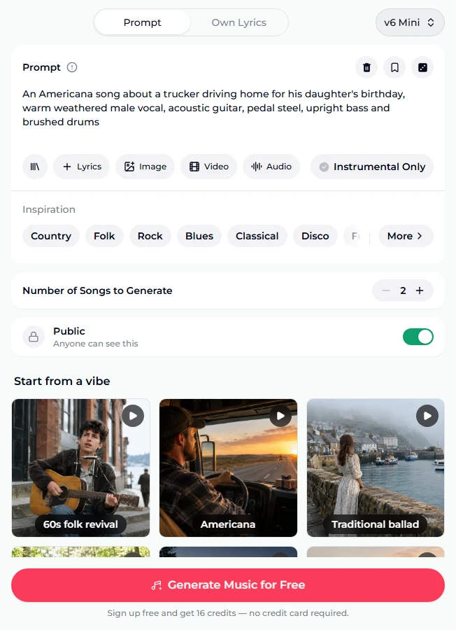 The AI folk generator form as it opens: Prompt tab, v6 Mini selected, the Americana trucker preset in the prompt box, Instrumental Only switched off, Inspiration genre chips, Number of Songs to Generate at 2, the Public switch on, the 60s folk revival, Americana and Traditional ballad vibe tiles and the Generate Music for Free button
