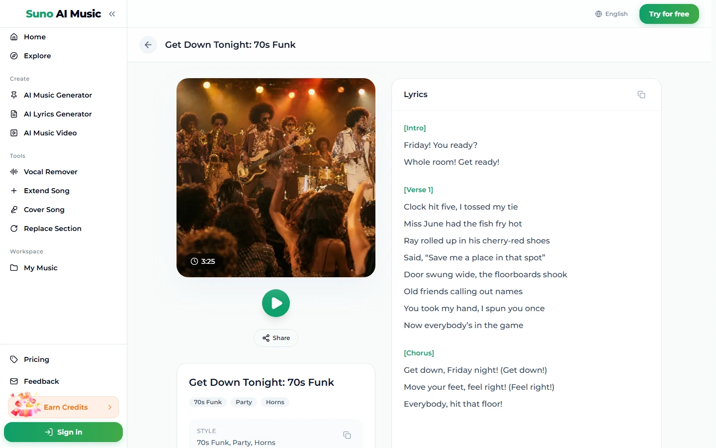 The song page for Get Down Tonight: 70s Funk: a cover photo of a funk band with horns and a bass player on a stage lit in orange over a dancing crowd, duration 3:25, a green play button, Share, the tags 70s Funk, Party and Horns, and the lyrics from the Intro to the Chorus