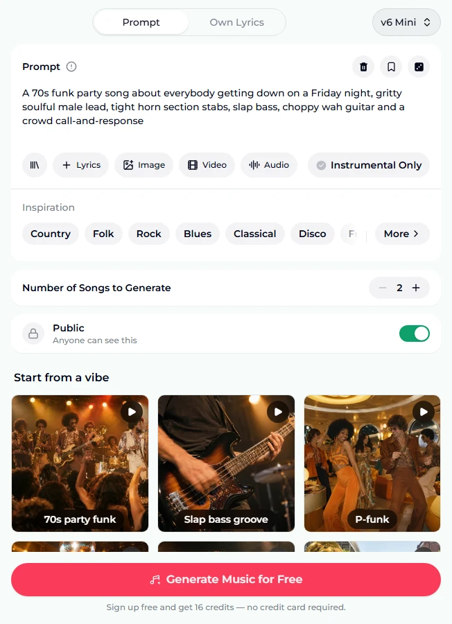 The AI funk generator as it opens: the Prompt tab with the 70s funk party preset filled in, v6 Mini in the model picker, chips for Lyrics, Image, Video, Audio and Instrumental Only, Number of Songs to Generate at 2, the Public switch on, vibe tiles for 70s party funk, Slap bass groove and P-funk, and the Generate Music for Free button