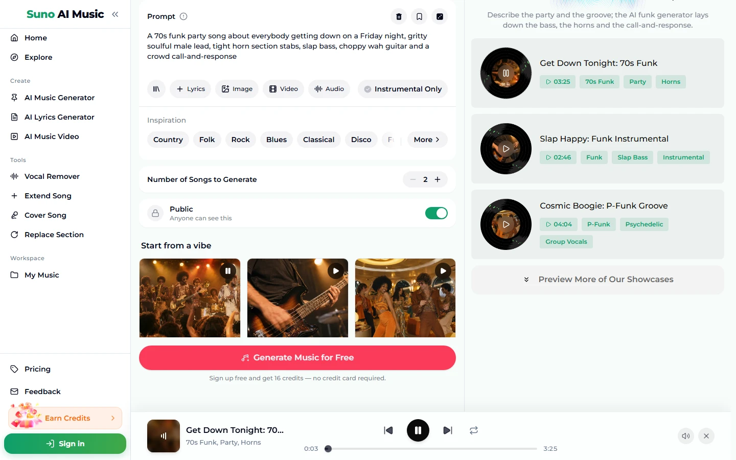 After tapping the 70s party funk tile: the Prompt box holds the Friday-night funk party prompt, the tile shows a pause icon, the example list on the right shows Get Down Tonight (3:25), Slap Happy (2:46) and Cosmic Boogie (4:04), and the player bar plays Get Down Tonight tagged 70s Funk, Party, Horns