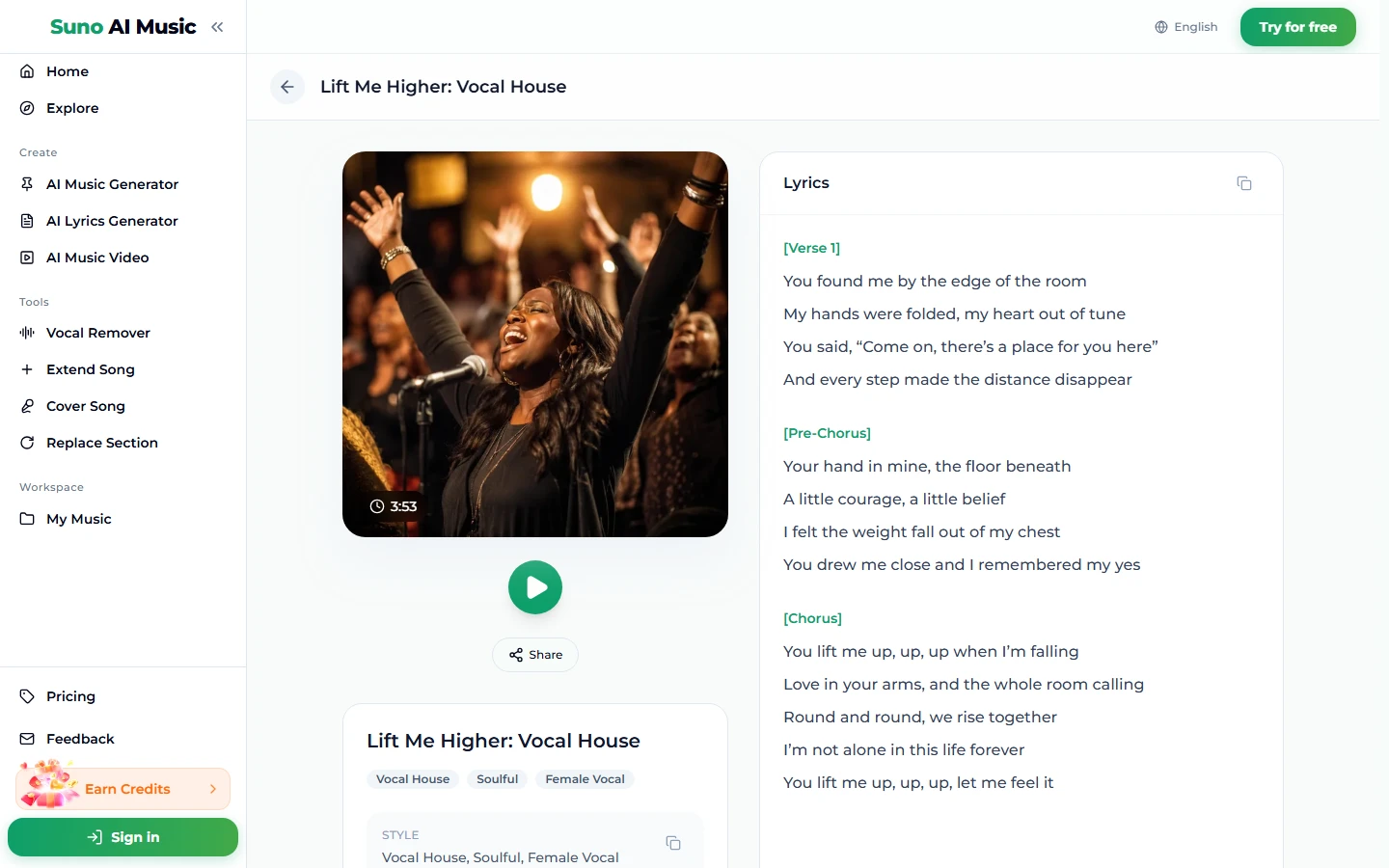 The song page for Lift Me Higher: Vocal House: a cover photo of a singer with raised arms in front of a microphone, a crowd behind her in warm light, duration 3:53, a green play button, Share, the tags Vocal House, Soulful and Female Vocal, and the lyrics from Verse 1 into the Chorus