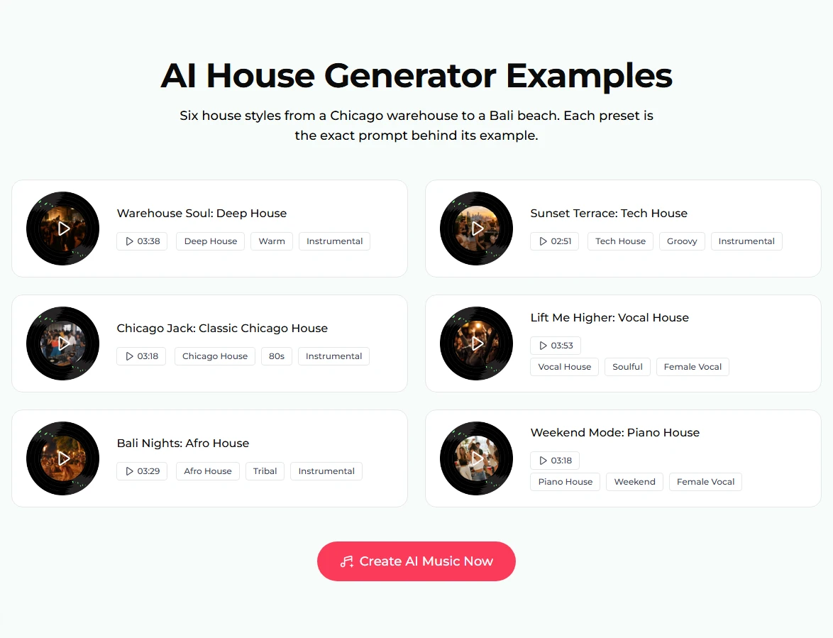 The AI House Generator Examples list: Warehouse Soul: Deep House (3:38), Sunset Terrace: Tech House (2:51), Chicago Jack: Classic Chicago House (3:18), Lift Me Higher: Vocal House (3:53), Bali Nights: Afro House (3:29) and Weekend Mode: Piano House (3:18)