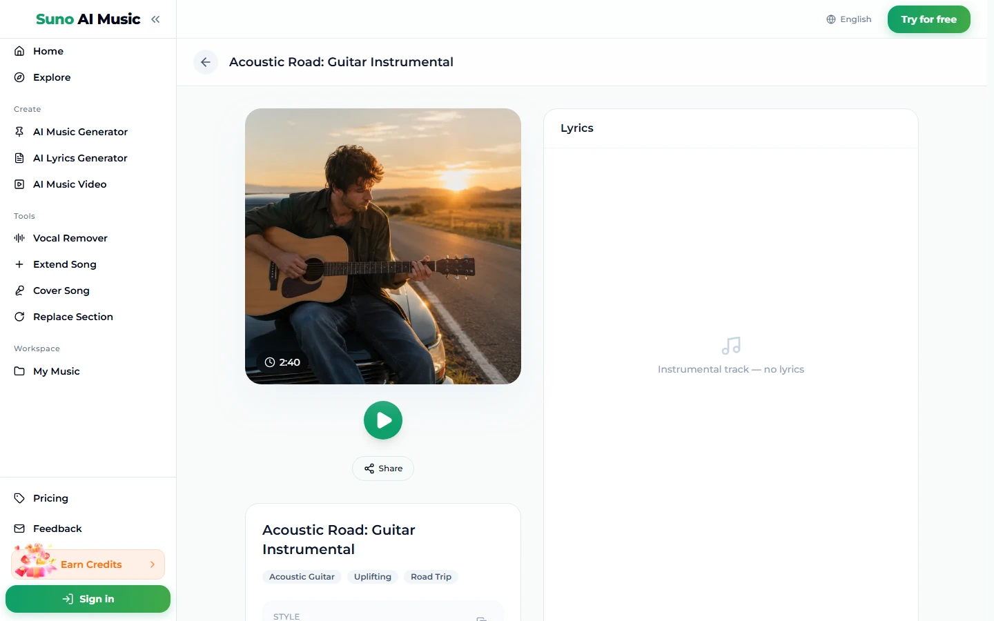 The song page for Acoustic Road: Guitar Instrumental, with a photo of a young man playing an acoustic guitar on the hood of a car by an empty road at sunset, a 2:40 badge, a play button, Share, the tags Acoustic Guitar, Uplifting and Road Trip, and a lyrics panel reading Instrumental track, no lyrics