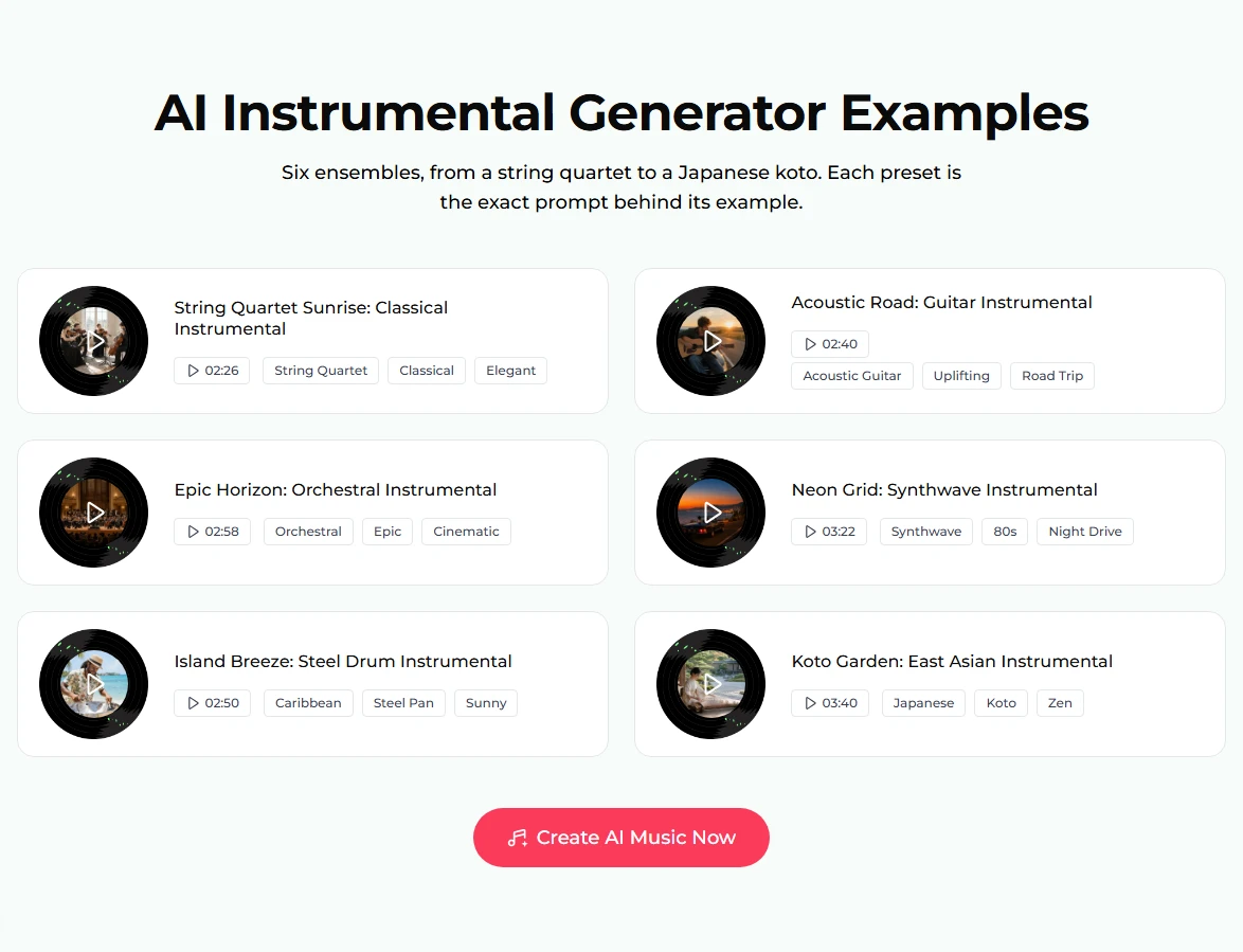 The AI Instrumental Generator Examples section: String Quartet Sunrise 02:26, Acoustic Road 02:40, Epic Horizon 02:58, Neon Grid 03:22, Island Breeze 02:50 and Koto Garden 03:40, each with tags such as String Quartet, Acoustic Guitar, Orchestral, Synthwave, Caribbean and Japanese