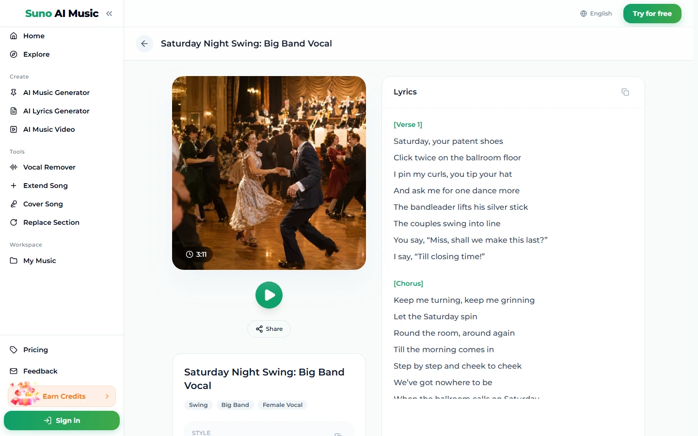 The song page for Saturday Night Swing: Big Band Vocal, with a ballroom dancing cover marked 3:11, a green play button, a Share button, the tags Swing, Big Band and Female Vocal, and the lyrics panel starting at Verse 1