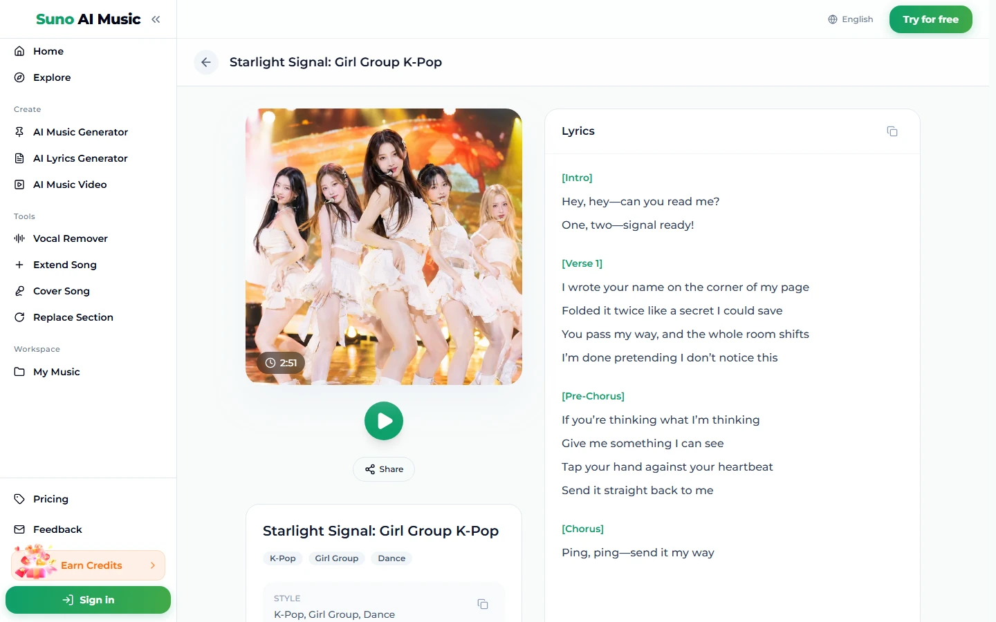 The song page for Starlight Signal: Girl Group K-Pop, with a stage photo of a girl group marked 2:51, a play button, a Share button, the tags K-Pop, Girl Group and Dance, and the lyrics with Intro, Verse 1, Pre-Chorus and Chorus sections