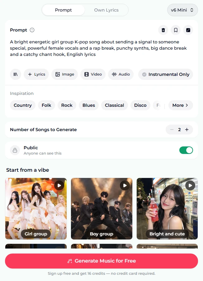 The AI K-pop generator form on the Prompt tab, with the preset prompt about a bright energetic girl group K-pop song about sending a signal to someone special, with powerful female vocals, a rap break, punchy synths, a big dance break and a catchy chant hook, English lyrics; Number of Songs to Generate set to 2, the Public switch on, the Girl group, Boy group and Bright and cute vibe tiles and a Generate Music for Free button