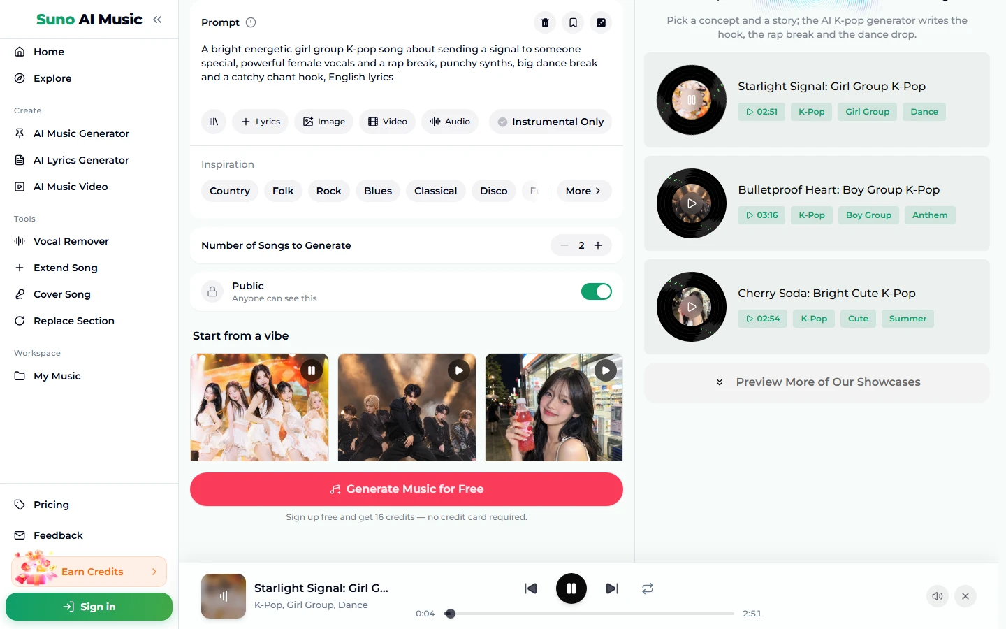 After tapping the Girl group tile: the tile shows a pause icon, the Prompt box holds the girl group prompt, the example list on the right shows Starlight Signal, Bulletproof Heart and Cherry Soda, and the player bar plays Starlight Signal: Girl Group K-Pop