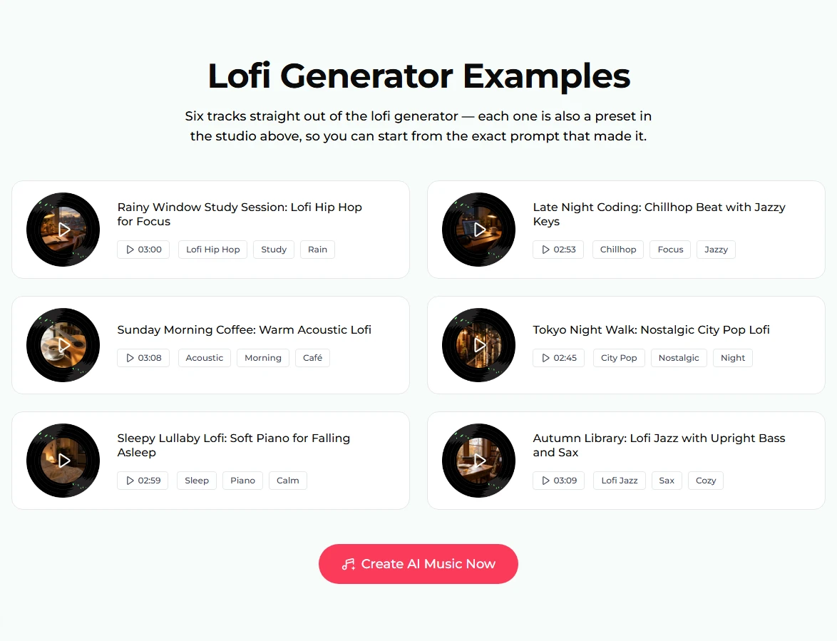 Der Bereich Beispiele des Lo-Fi-Generators: sechs Tracks als Plattenspieler-Scheiben mit Titeln, Längen und Tags, darunter Rainy Window Study Session 03:00, Late Night Coding 02:53, Sunday Morning Coffee 03:08, Tokyo Night Walk 02:45, Sleepy Lullaby Lofi 02:59 und Autumn Library 03:09