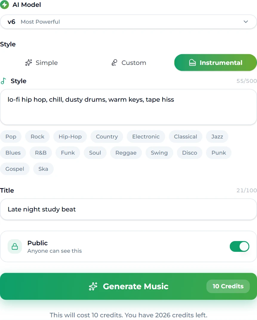 The lofi generator on Suno AI Music with the Instrumental tab selected, the style field filled with lo-fi hip hop, chill, dusty drums, warm keys, tape hiss, the title Late night study beat, and a Generate Music button marked 10 Credits