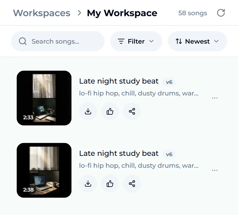The studio's song list after the run: two new tracks titled Late night study beat, both tagged v6 with the style lo-fi hip hop, chill, dusty drums, lasting 2:33 and 2:38, each with download, like and share buttons