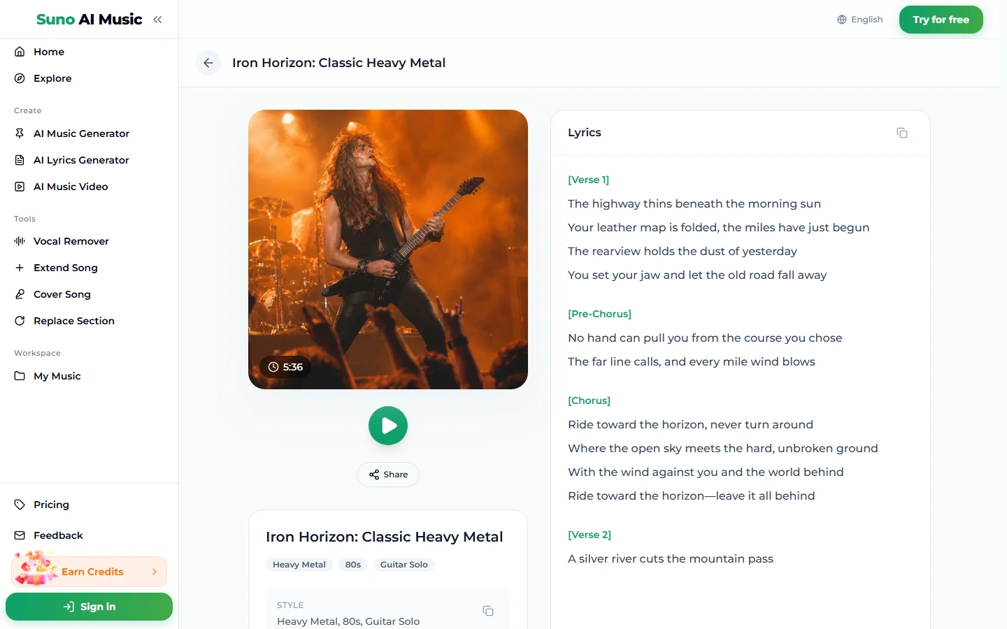 The song page for Iron Horizon: Classic Heavy Metal: a cover photo of a long-haired guitarist on an orange-lit stage, duration 5:36, a green play button, a Share button, the tags Heavy Metal, 80s and Guitar Solo, and the lyrics from Verse 1 to the Chorus