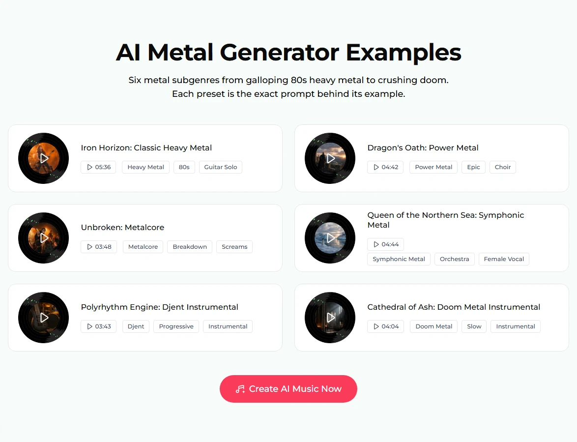 The AI Metal Generator Examples list: Iron Horizon (5:36), Dragon's Oath (4:42), Unbroken: Metalcore (3:48), Queen of the Northern Sea: Symphonic Metal (4:44), Polyrhythm Engine: Djent Instrumental (3:43) and Cathedral of Ash: Doom Metal Instrumental (4:04), each with a turntable disc and tags