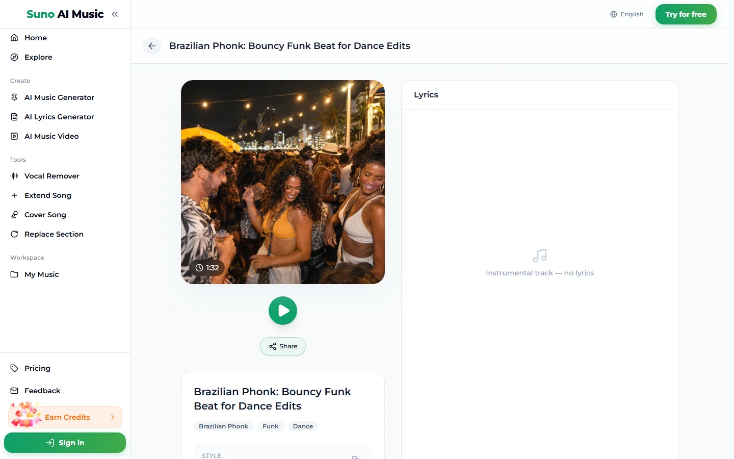 La pagina del brano Brazilian Phonk: Bouncy Funk Beat for Dance Edits, con una foto di copertina di persone che ballano a una festa notturna in spiaggia, un badge 1:32, un pulsante verde di riproduzione, un pulsante Condividi, i tag Brazilian Phonk, Funk e Dance, e un pannello del testo con scritto Instrumental track — no lyrics