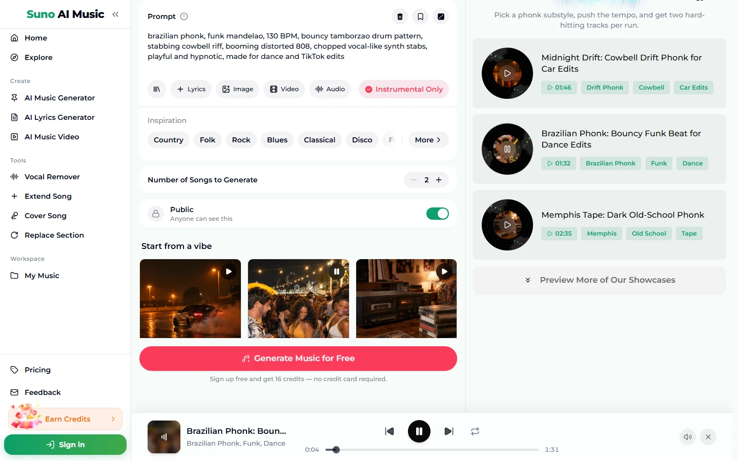 Dopo aver toccato Phonk brasiliano: la casella Prompt contiene il prompt brazilian phonk, funk mandelao, 130 BPM, il riquadro mostra l'icona di pausa, l'elenco a destra mostra Midnight Drift 01:46, Brazilian Phonk 01:32 e Memphis Tape 02:35, e la barra del player in basso riproduce Brazilian Phonk: Bouncy Funk Beat for Dance Edits