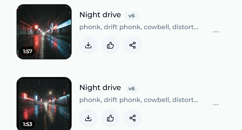 Two finished takes titled Night drive in the Songs panel, generated with v6, 1:57 and 1:53 long, with night-street cover art and download, like and share buttons
