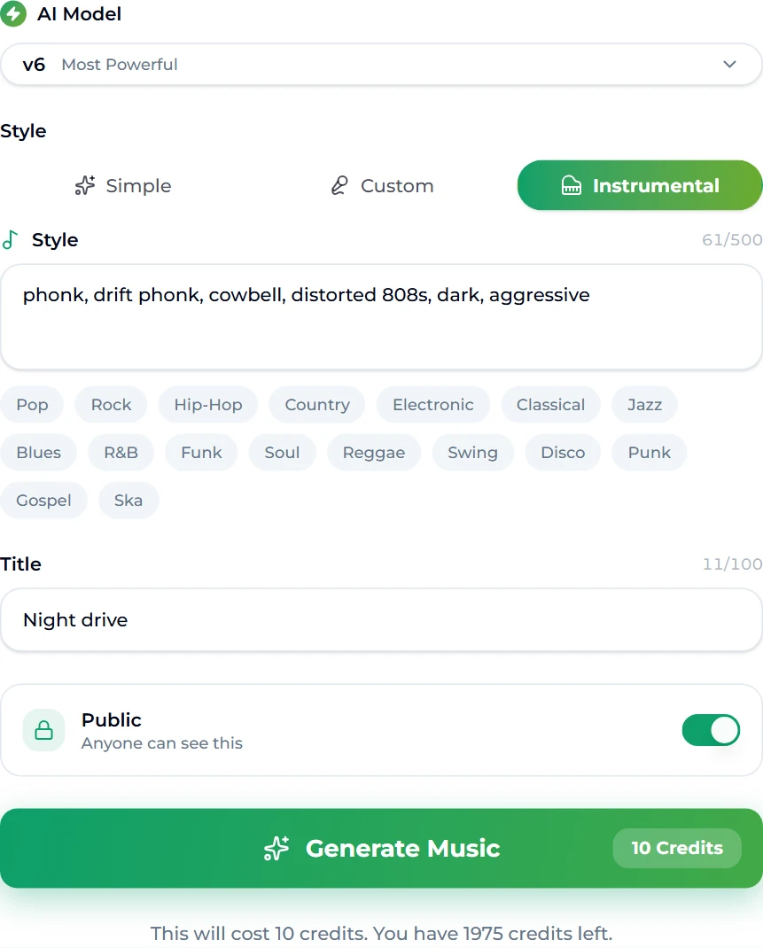 The phonk generator on Suno AI Music with the Instrumental tab selected, the style phonk, drift phonk, cowbell, distorted 808s, dark, aggressive, the title Night drive, the model set to v6 and a Generate Music button costing 10 credits