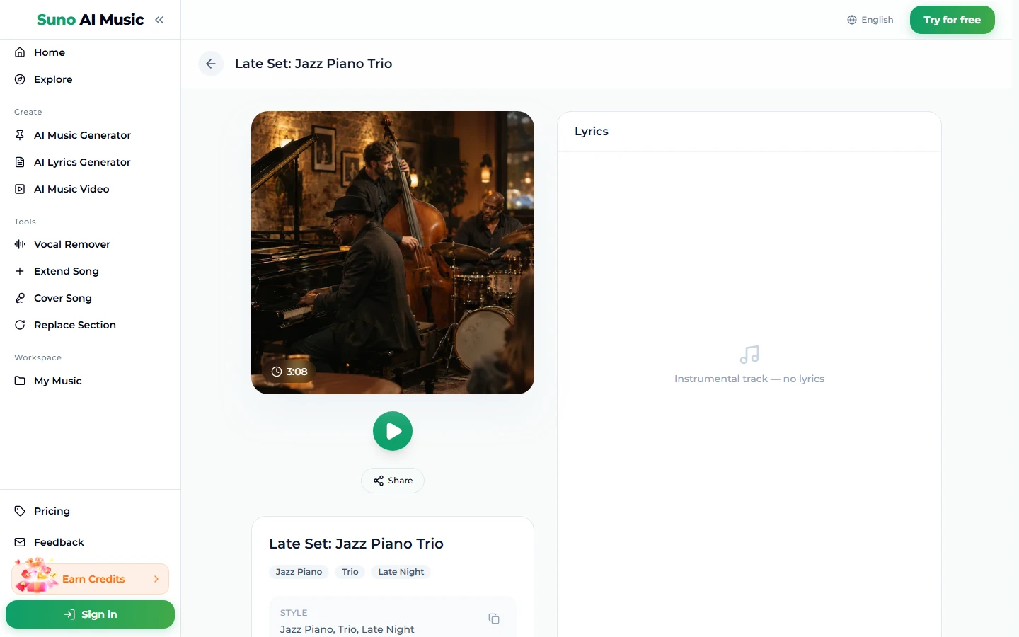 The song page for Late Set: Jazz Piano Trio: a cover photo of a pianist, bassist and drummer in a dim club with a 3:08 badge, a green play button, a Share button, tags Jazz Piano, Trio and Late Night, and a Lyrics panel reading Instrumental track, no lyrics