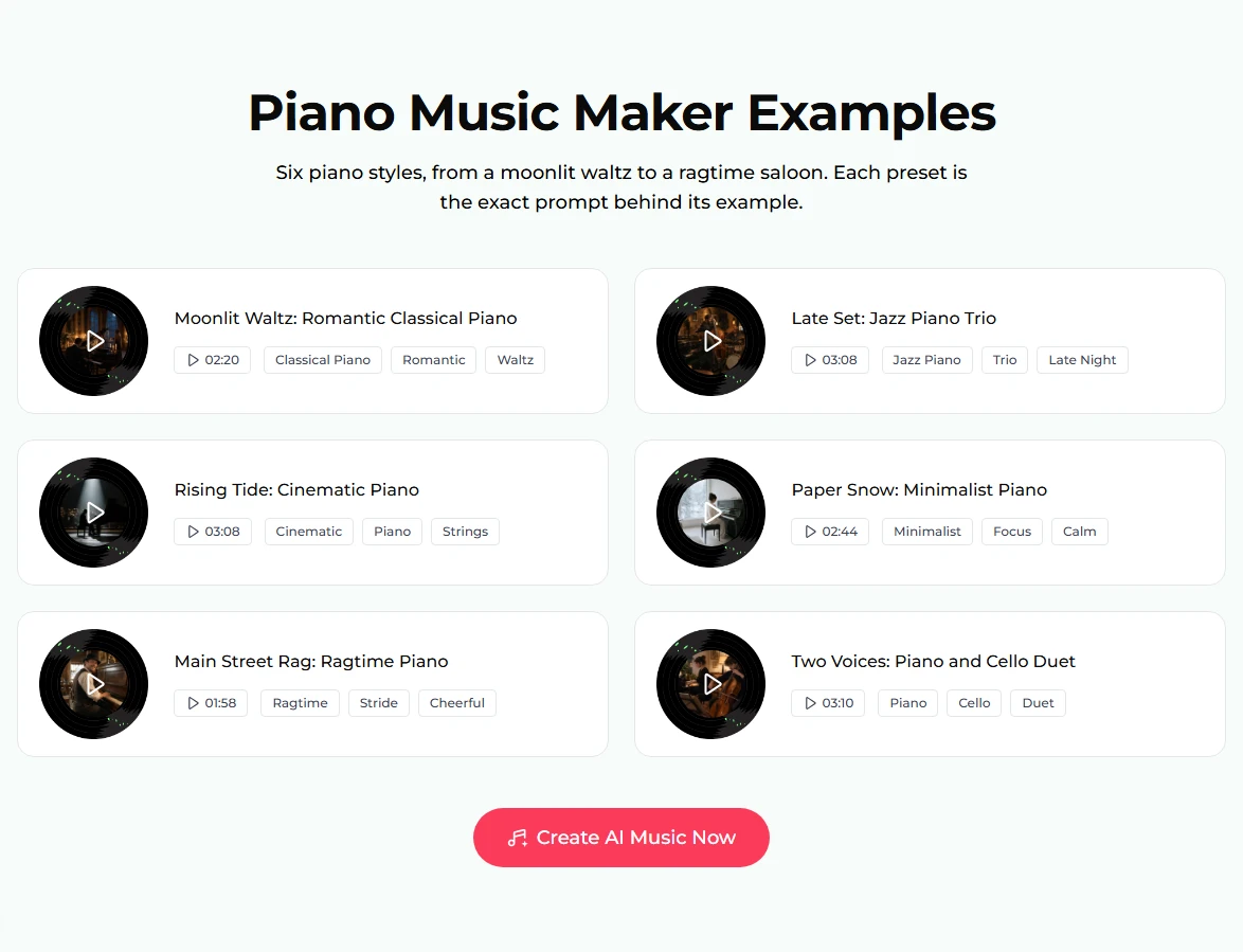 Piano Music Maker Examples: six cards with turntable discs, Moonlit Waltz 02:20, Late Set: Jazz Piano Trio 03:08, Rising Tide: Cinematic Piano 03:08, Paper Snow: Minimalist Piano 02:44, Main Street Rag: Ragtime Piano 01:58 and Two Voices: Piano and Cello Duet 03:10, each with three style tags