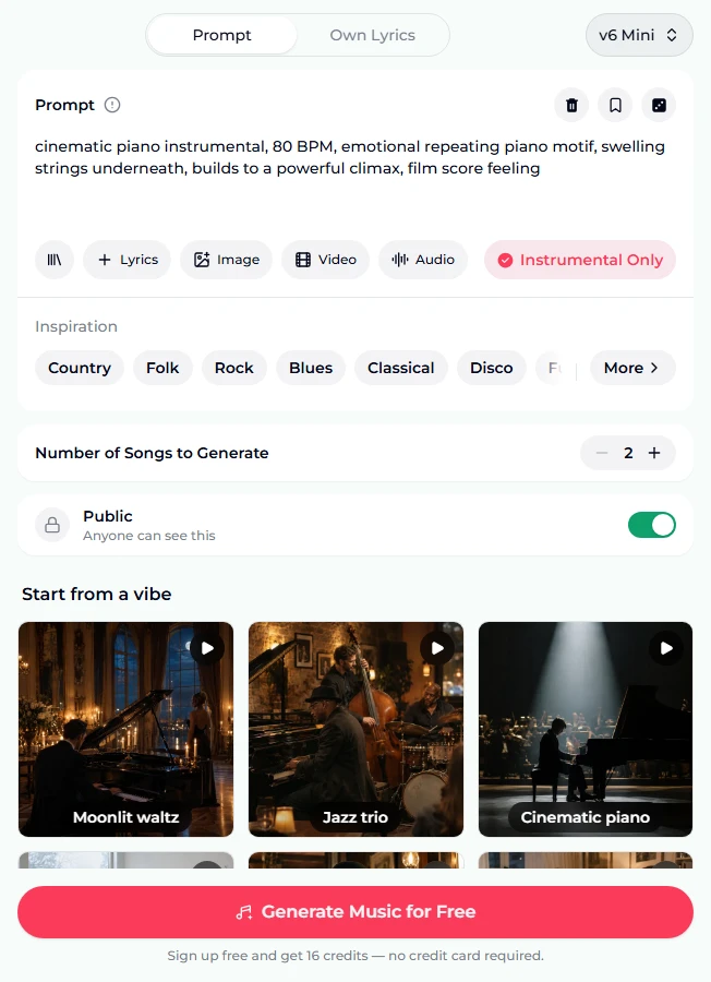 The piano music maker as it opens: the Prompt tab with the cinematic piano preset in the prompt box, Instrumental Only highlighted, Inspiration chips from Country to Disco, Number of Songs to Generate set to 2, the Public switch on, vibe tiles for Moonlit waltz, Jazz trio and Cinematic piano, and the Generate Music for Free button with the note about 16 free credits