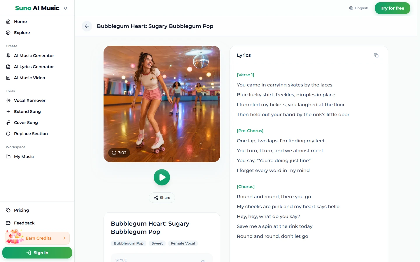 The song page for Bubblegum Heart: Sugary Bubblegum Pop: a cover photo of a young woman roller skating under a disco ball with a 3:02 badge, a green play button, a Share button, tags Bubblegum Pop, Sweet and Female Vocal, and a Lyrics panel showing Verse 1, Pre-Chorus and Chorus