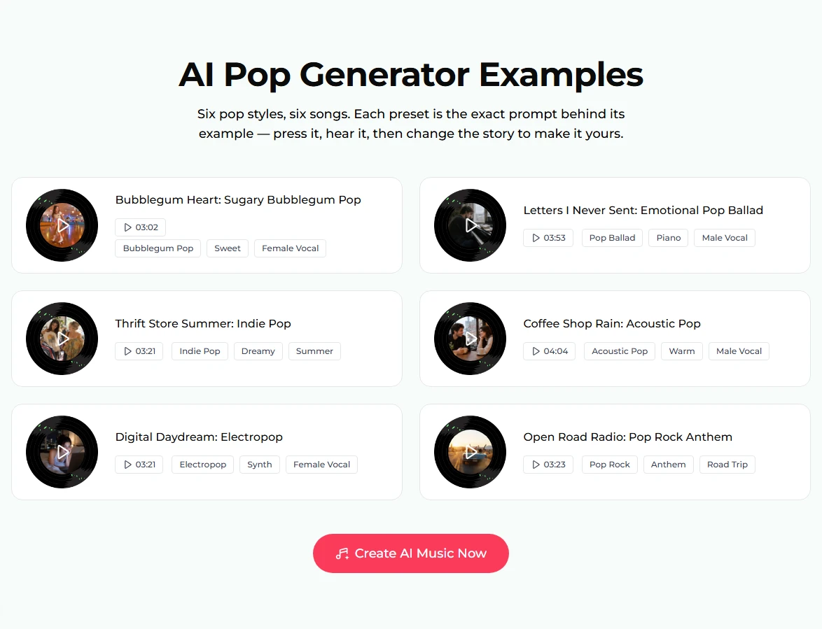 AI Pop Generator Examples: six cards, Bubblegum Heart 03:02, Letters I Never Sent 03:53, Thrift Store Summer 03:21, Coffee Shop Rain 04:04, Digital Daydream 03:21 and Open Road Radio 03:23, with tags like Bubblegum Pop, Pop Ballad, Indie Pop, Acoustic Pop, Electropop and Pop Rock