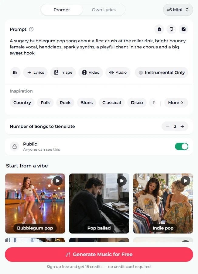 The AI pop generator as it opens: the Prompt tab with the bubblegum pop preset in the prompt box, Instrumental Only switched off, Inspiration chips, Number of Songs to Generate at 2, the Public switch on, vibe tiles for Bubblegum pop, Pop ballad and Indie pop, and the Generate Music for Free button with the note about 16 free credits