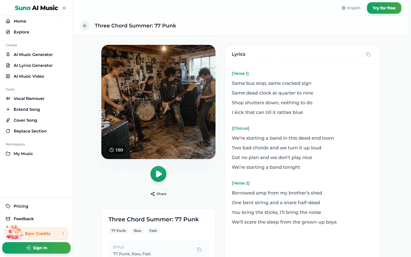 The song page for Three Chord Summer: 77 Punk: a cover photo of a young band with spiked hair playing in a cluttered garage, duration 1:50, a green play button, Share, the tags 77 Punk, Raw and Fast, and the lyrics from Verse 1 through Verse 2