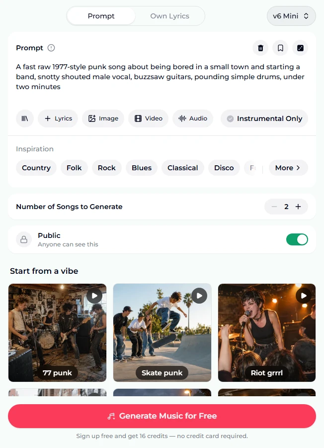 The AI punk generator as it opens: the Prompt tab with the 1977-style punk preset about a small town and starting a band, v6 Mini in the model picker, chips for Lyrics, Image, Video, Audio and Instrumental Only, Number of Songs to Generate at 2, the Public switch on, vibe tiles for 77 punk, Skate punk and Riot grrrl, and the Generate Music for Free button