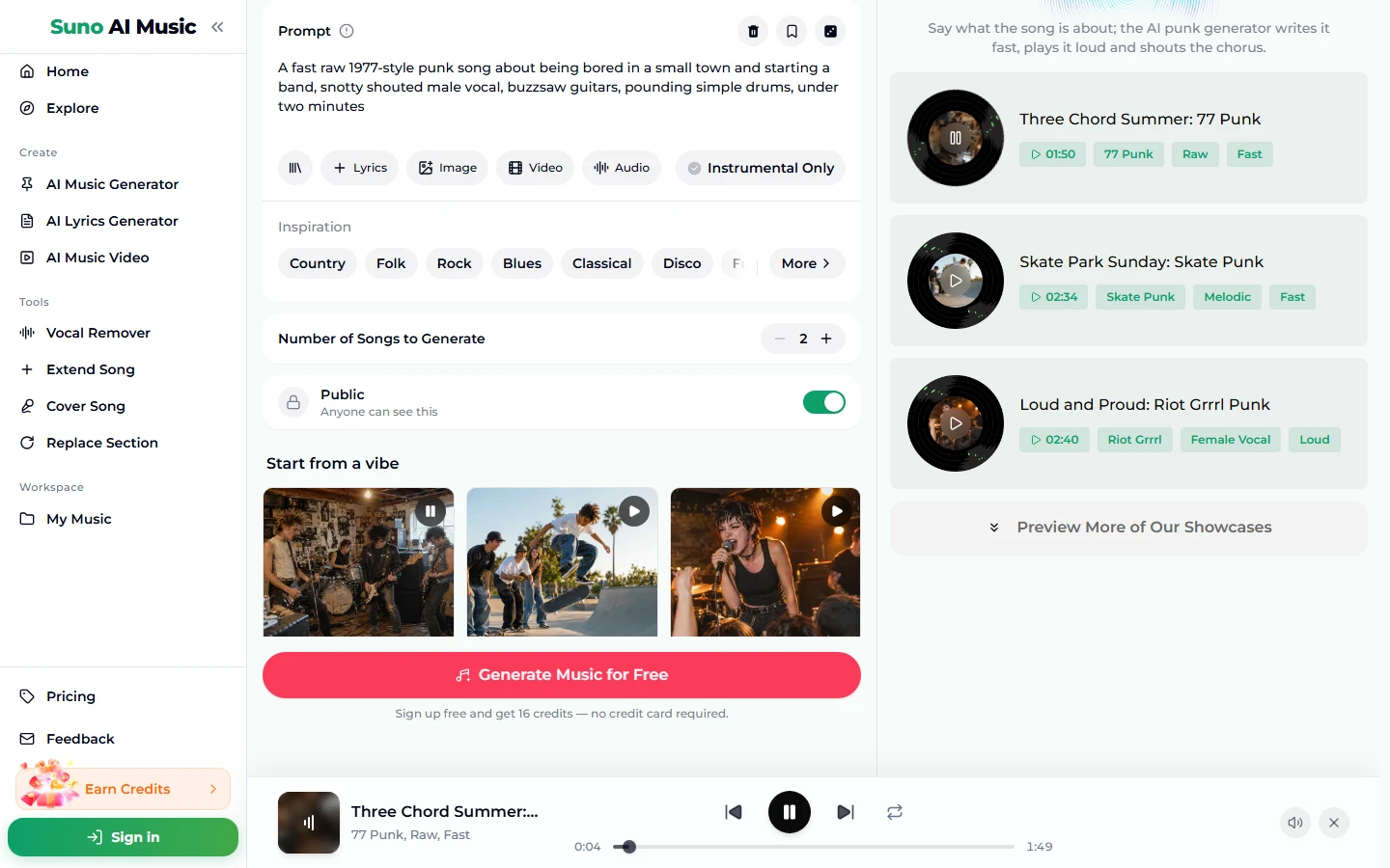 After tapping the 77 punk tile: the Prompt box holds the 1977-style punk prompt, the tile shows a pause icon, the example list on the right starts with Three Chord Summer (1:50), Skate Park Sunday (2:34) and Loud and Proud (2:40), and the player bar plays Three Chord Summer tagged 77 Punk, Raw, Fast