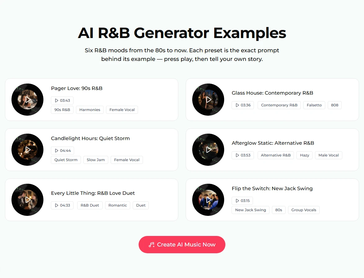 The AI R&B Generator Examples section: six cards with turntable discs, titles, lengths and tags, from Pager Love: 90s R&B at 03:43 to Flip the Switch: New Jack Swing at 03:15