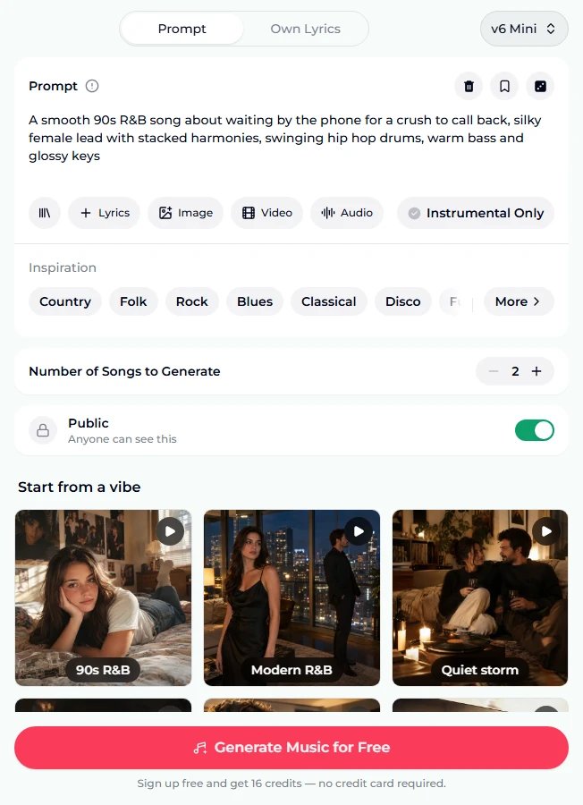 The AI R&B generator form as it opens: Prompt tab, v6 Mini selected, the 90s R&B preset in the prompt box, Instrumental Only switched off, Inspiration genre chips, Number of Songs to Generate at 2, the Public switch on, the 90s R&B, Modern R&B and Quiet storm vibe tiles and the Generate Music for Free button