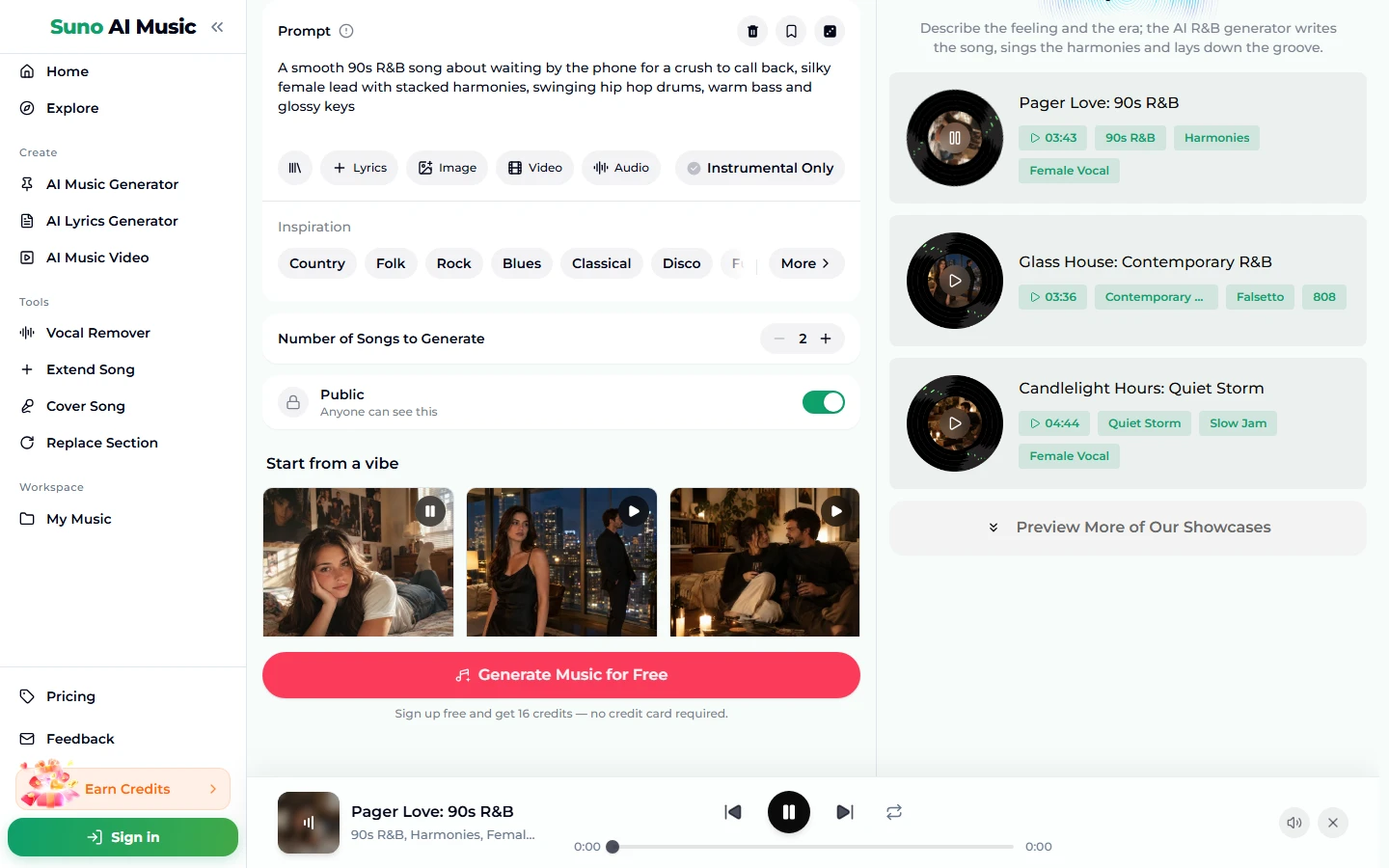 After tapping the 90s R&B tile: the prompt box holds the 90s R&B prompt, the tile shows a pause icon, the right column lists Pager Love: 90s R&B at 03:43 above Glass House and Candlelight Hours, and the player bar at the bottom plays Pager Love