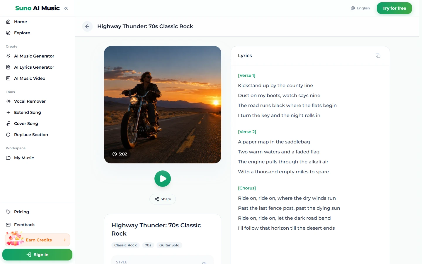The song page for Highway Thunder: 70s Classic Rock: a cover photo of a motorcyclist on a desert highway at sunset with a 5:02 badge, a green play button, a Share button, tags Classic Rock, 70s and Guitar Solo, and a Lyrics panel showing Verse 1, Verse 2 and Chorus