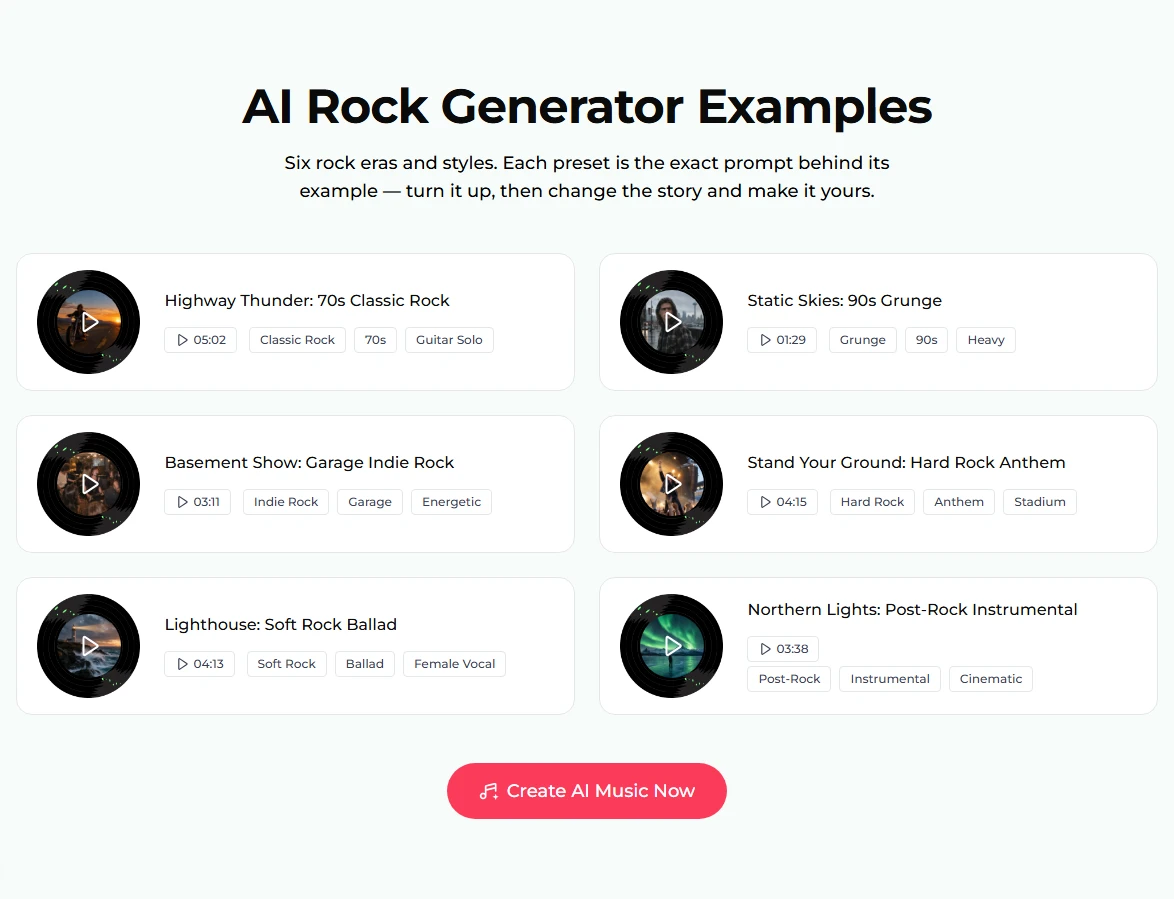 AI Rock Generator Examples: six cards, Highway Thunder 05:02, Static Skies 01:29, Basement Show 03:11, Stand Your Ground 04:15, Lighthouse 04:13 and Northern Lights 03:38, with tags like Classic Rock, Grunge, Indie Rock, Hard Rock, Soft Rock and Post-Rock