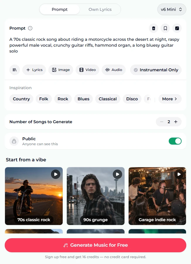 The AI rock generator as it opens: the Prompt tab with the 70s classic rock preset in the prompt box, Instrumental Only switched off, Inspiration chips, Number of Songs to Generate at 2, the Public switch on, vibe tiles for 70s classic rock, 90s grunge and Garage indie rock, and the Generate Music for Free button with the note about 16 free credits