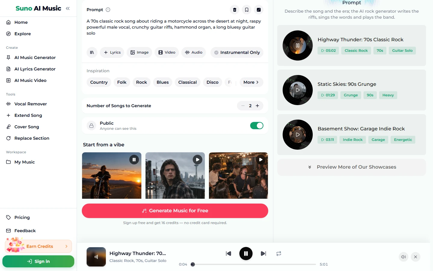 After tapping the 70s classic rock tile: the prompt box holds the motorcycle desert prompt, the tile of a rider at sunset shows a pause icon, the example list on the right shows Highway Thunder at 05:02, Static Skies at 01:29 and Basement Show at 03:11, and the player bar at the bottom is playing Highway Thunder