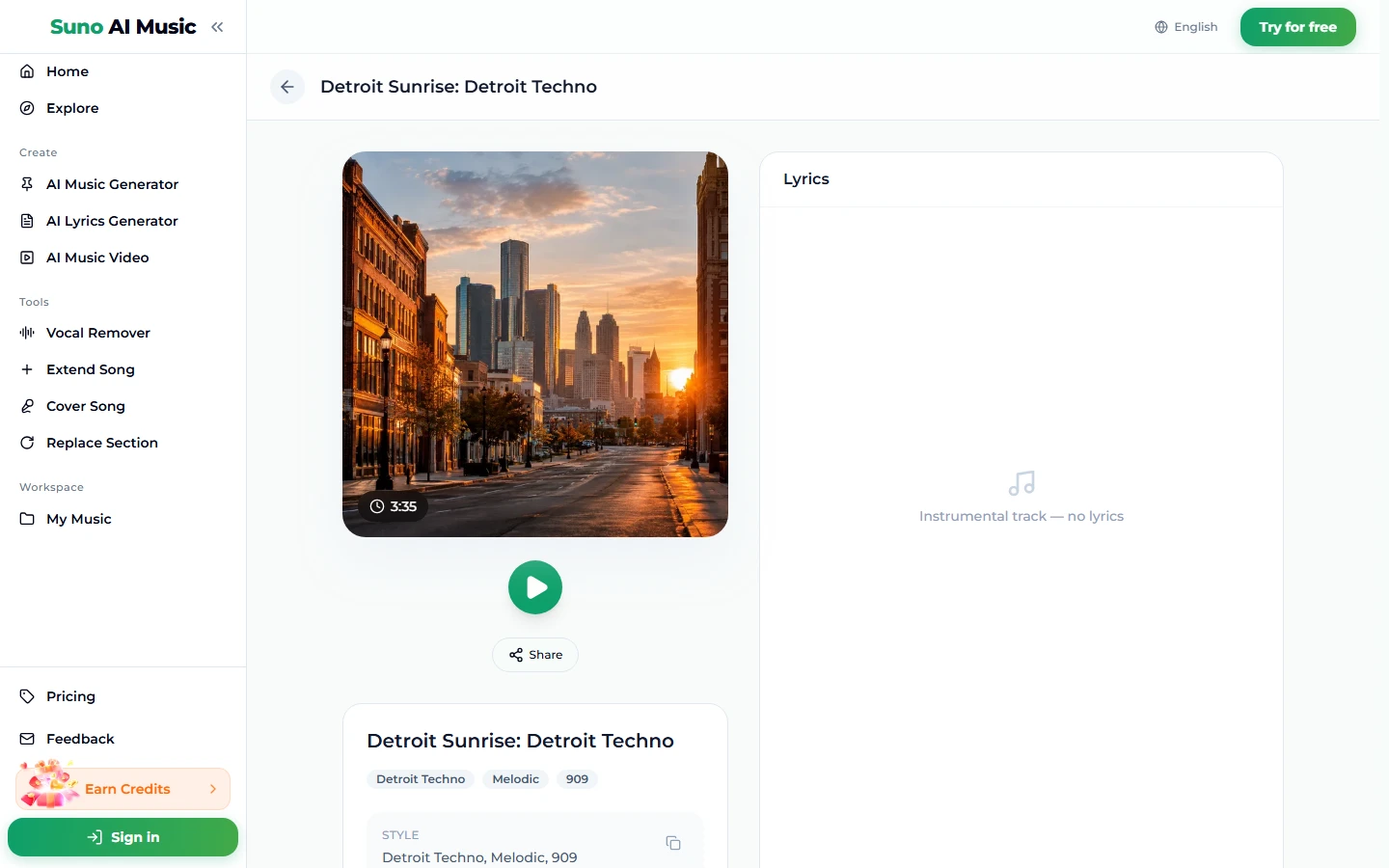The song page for Detroit Sunrise: Detroit Techno: a cover photo of a city street with brick buildings and skyscrapers at sunrise, duration 3:35, a green play button, Share, the tags Detroit Techno, Melodic and 909, and a lyrics panel reading Instrumental track — no lyrics