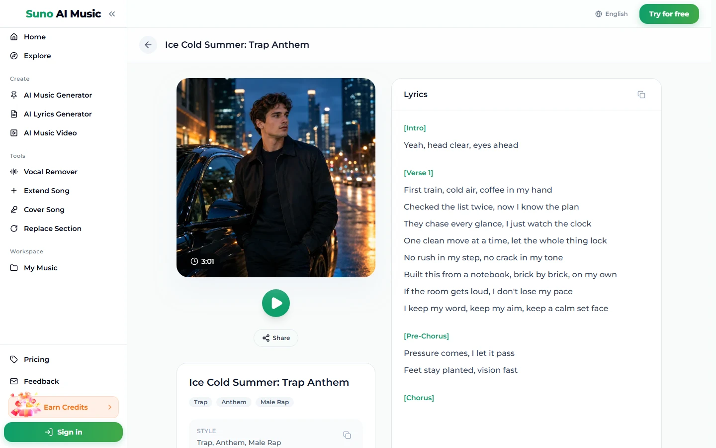 The song page for Ice Cold Summer: Trap Anthem, with a night city cover photo marked 3:01, a play button, a Share button, the tags Trap, Anthem and Male Rap, and the lyrics starting with the intro line Yeah, head clear, eyes ahead