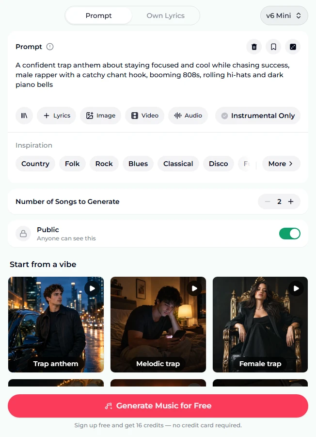 The AI trap generator form on the Prompt tab, with the preset prompt about a confident trap anthem with booming 808s, rolling hi-hats and dark piano bells, chips for Lyrics, Image, Video, Audio and Instrumental Only, Number of Songs to Generate set to 2, the Public switch on, the first three Start from a vibe tiles and a Generate Music for Free button